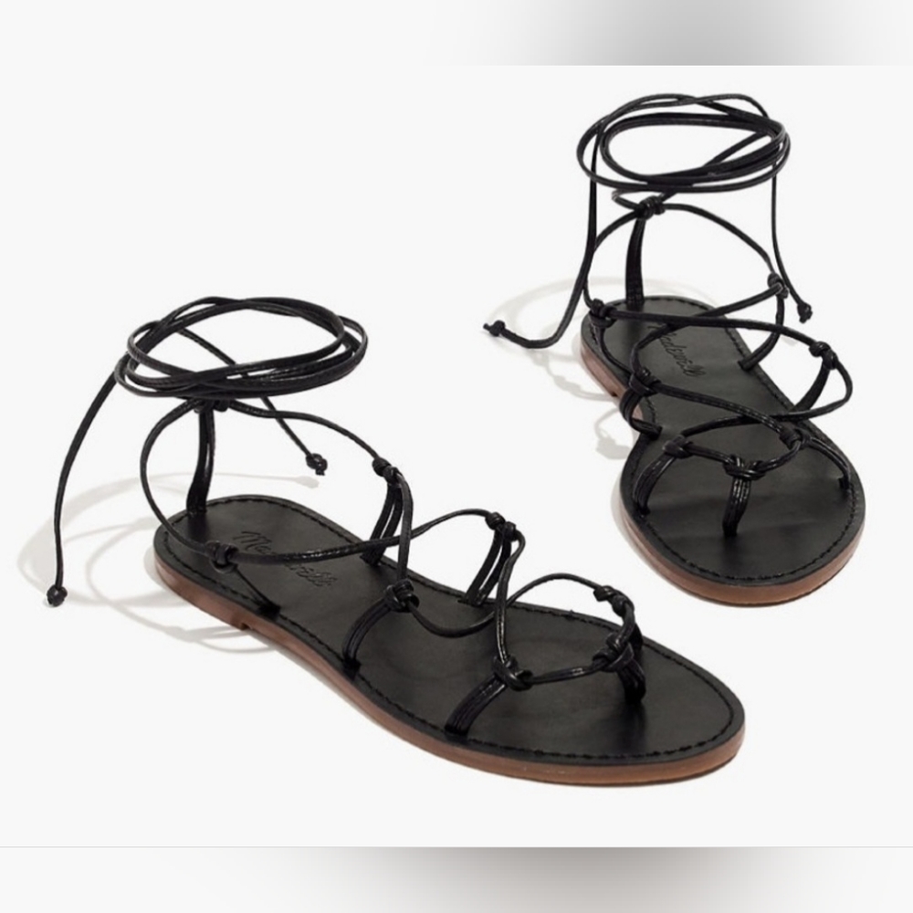 NWT Madewell Women's The Boardwalk Lace-Up Sandal In Black Size 7